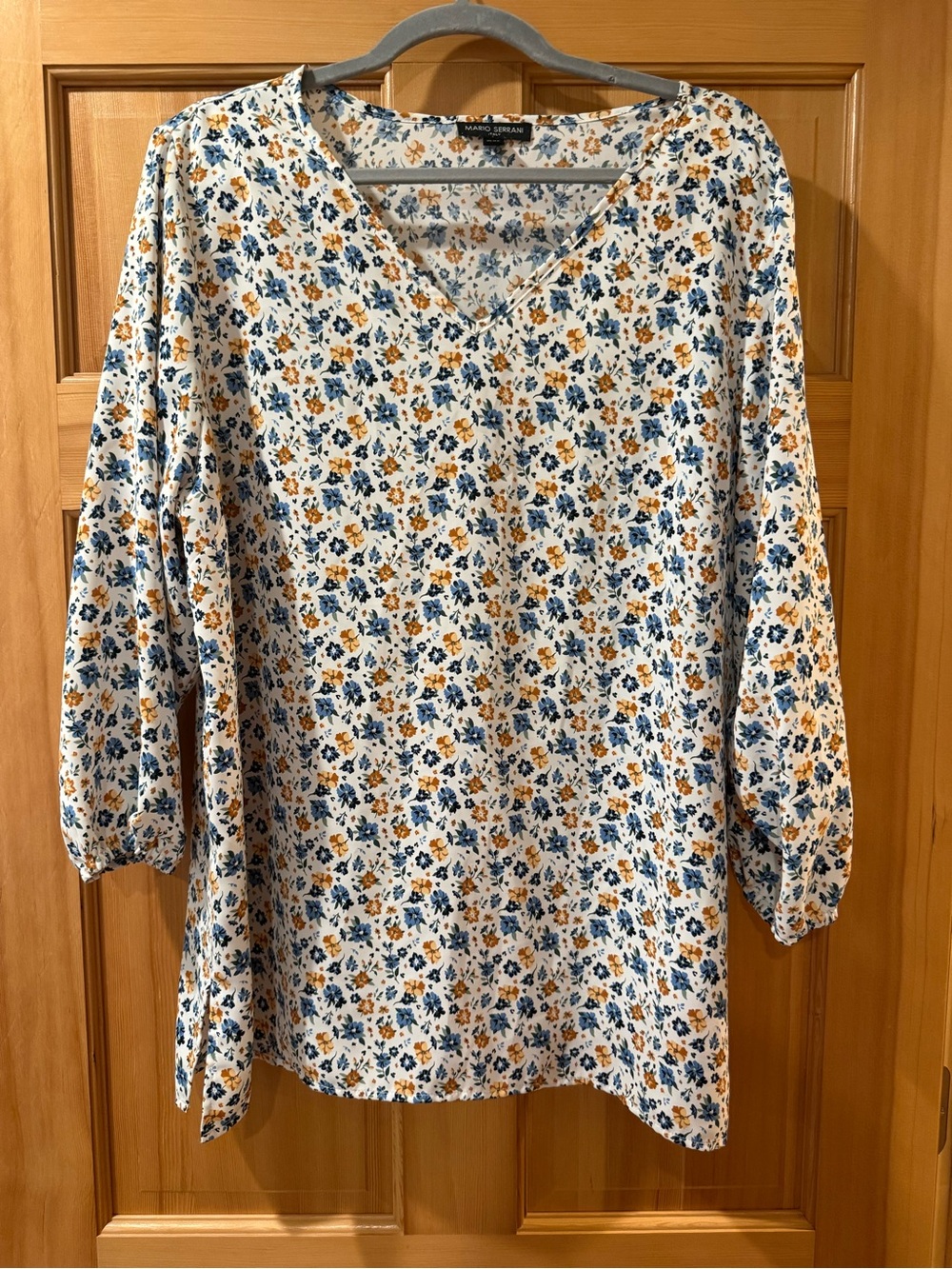 Mario Serrani White Floral V-Neck Blouse with Blue and Mustard Flowers